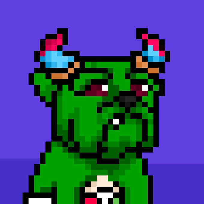 A pixel art illustration of a green creature with colorful horns and a small white tooth, set against a solid purple background.