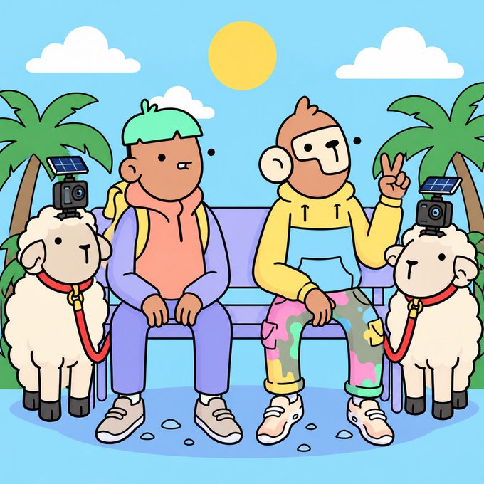 A cartoon illustration shows two characters sitting on a purple bench between two fluffy white sheep equipped with solar-powered cameras on their heads, set against a sunny background with palm trees.