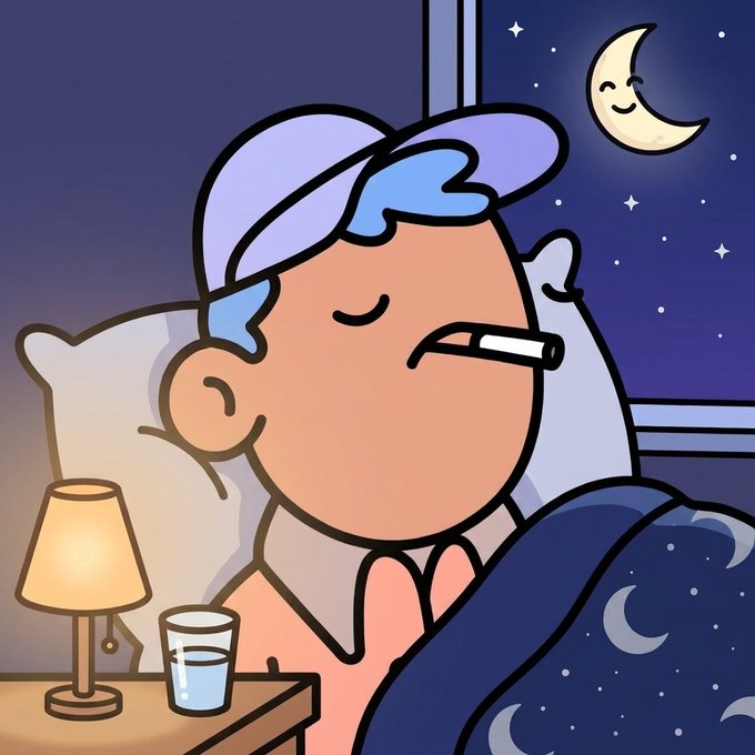 Cartoon illustration of a sleeping man wearing a nightcap with a thermometer in his mouth, a glass of water and lamp on the bedside table, and a smiling crescent moon outside the window.