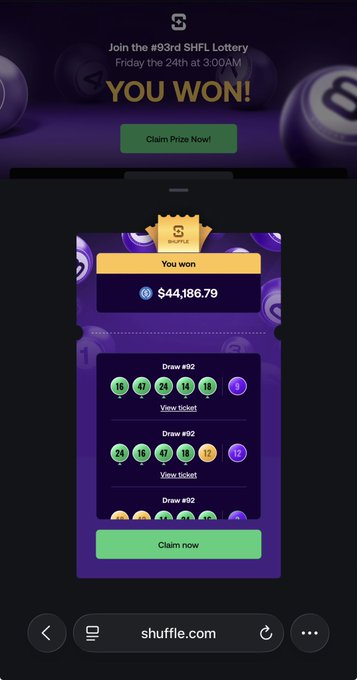 A mobile screenshot of shuffle.com showing a "You won!" notification for the #93rd SHFL Lottery with a prize of $44,186.79, featuring winning ticket draws with selected numbers like 16, 47, 21, 14, and 8. The post celebrates a winning payout on the SHFL lottery, suggesting a comparison to Powerball and noting a $1.8M potential if a third draw hit.