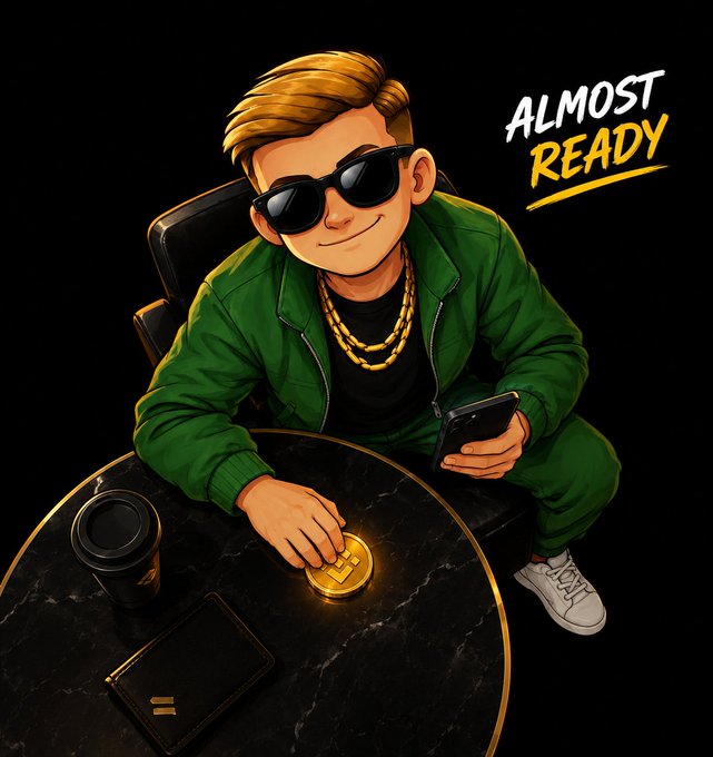 A cartoon-style illustration of a man in a green tracksuit and sunglasses holding a phone and a gold coin, with the text 'ALMOST READY'.