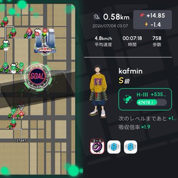 A screenshot from a location-based fitness app (likely Strava) showing a run by user 'kafmin' covering 0.58km in 7 minutes 18 seconds, with the route overlaid on a city map and a 'GOAL' marker.