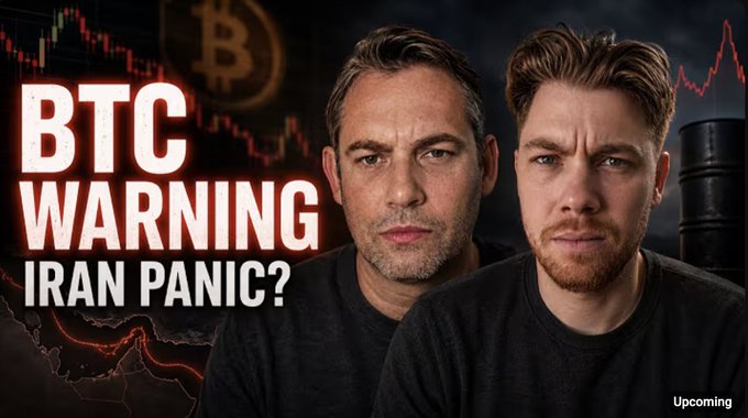 The image shows a close-up of two men's faces, one black shirted man and the other red shirted man wearing glasses and talking about Bitcoins and oil panic. The text above them announces Bitcoin is worth $64K but warns that Bitcoin might be ignoring the biggest risk on the market - US-Iran tension which could rip through inflation, the Fed, stocks and crypto. The poster encourages viewers to pay attention to what's happening in the world around them and ask themselves how it might impact their investments and daily lives.