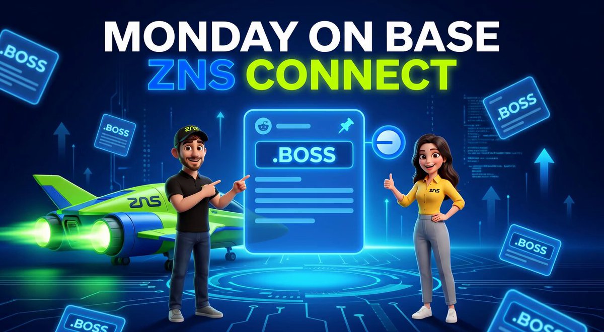 The image features a man and woman standing next to each other with their arms raised high. They are positioned in front of a green airplane, which appears to be flying over them. The background of the image is blue, and there are several small white squares scattered throughout the scene. These squares seem to represent different posts on the subreddit Mint your BOSS domain or the official Base subreddit. The text "ZNS Connect" can also be seen in the image.