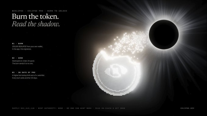 A minimalist promotional graphic for 'EKLIPSE PRO' features the tagline 'Burn the token. Read the shadow.' alongside a glowing pixelated crescent shape eclipsing a black circle, with text detailing '01 - BURN', '02 - GONE', and '03 - 30 DAYS OF PRO'.