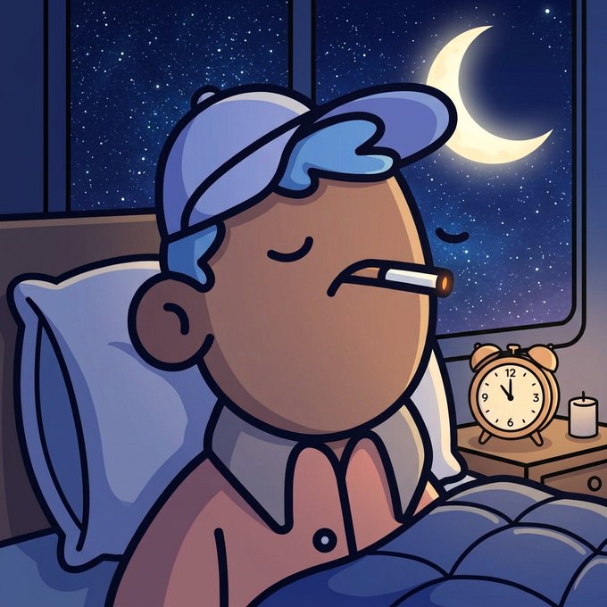 A cartoon character wearing a nightcap sleeps in bed with a lit cigarette in their mouth; an alarm clock reads approximately 11:00 beside them.