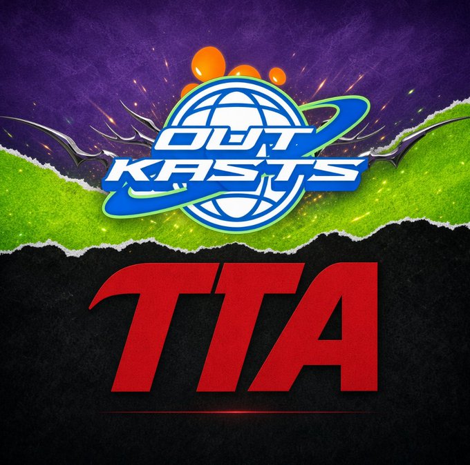 A graphic featuring the 'OutKasts' logo with a basketball design above a torn paper effect, with the red text 'TTA' displayed on a black background below.