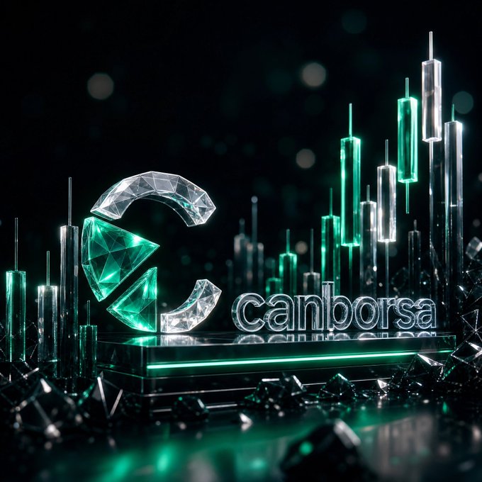 A 3D rendered graphic featuring a green and silver fragmented 'C' logo next to the text 'canborsa,' set against a dark background with glowing green candlestick financial charts.