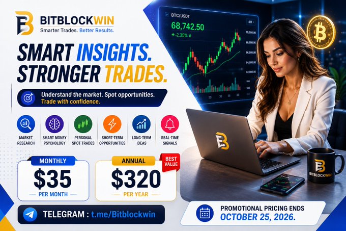 The promotional graphic advertises BitBlockWin's trading service with the tagline "Smart Insights. Stronger Trades." and highlights features like market research, smart money psychology, and real-time signals, while showing BTC/USDT at $68,742.50 (+2.35%) and pricing of $35/month or $320/year with a promotional deadline of October 25, 2026, and a Telegram link at t.me/Bitblockwin. The ad visually reinforces the post's message about the importance of market understanding and a structured approach over attempting to predict every crypto move.