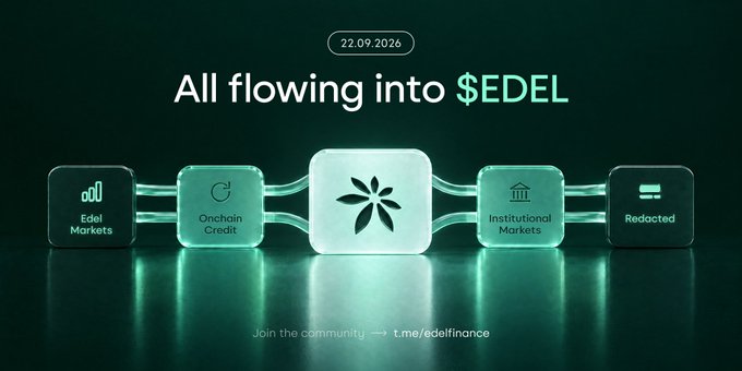 A promotional graphic dated '22.09.2026' reading 'All flowing into $EDEL' with connected nodes labeled 'Edel Markets', 'Onchain Credit', 'Institutional Markets', and 'Redacted', directing viewers to t.me/edelfinance.