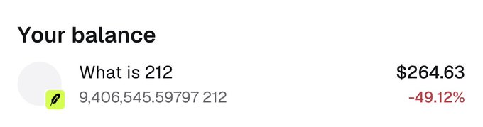 A wallet balance display showing "What is 212" with 9,406,545.59797 212 tokens, valued at $264.63, down 49.12%.