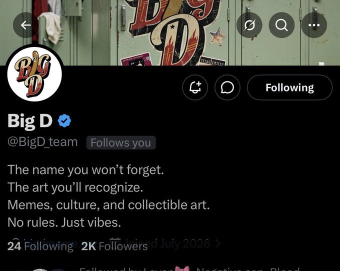 An X/Twitter profile page for 'Big D' (@BigD_team), verified with a blue checkmark, describing itself as providing memes, culture, and collectible art, currently with 2K followers.