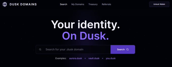 A dark-themed landing page for Dusk Domains featuring the tagline "Your identity. On Dusk." with a search bar inviting users to look up ".dusk" domains, with example names like aurora.dusk, vault.dusk, and you.dusk—directly illustrating the post's announcement of the testnet launch for human-readable .dusk domain names on the Dusk network.
