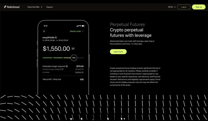A Robinhood promotional page advertises 'Perpetual Futures' with the headline 'Crypto perpetual futures with leverage,' showing a phone screen with a 'Long BTCUSD' market order for $1,550.00.