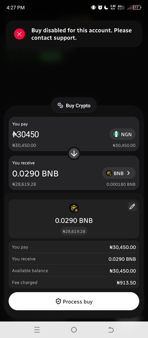 Mobile screenshot of a cryptocurrency buy screen showing a transaction for 0.0290 BNB (₦28,619.28) costing ₦30,450, with a red error message stating 'Buy disabled for this account. Please contact support.'