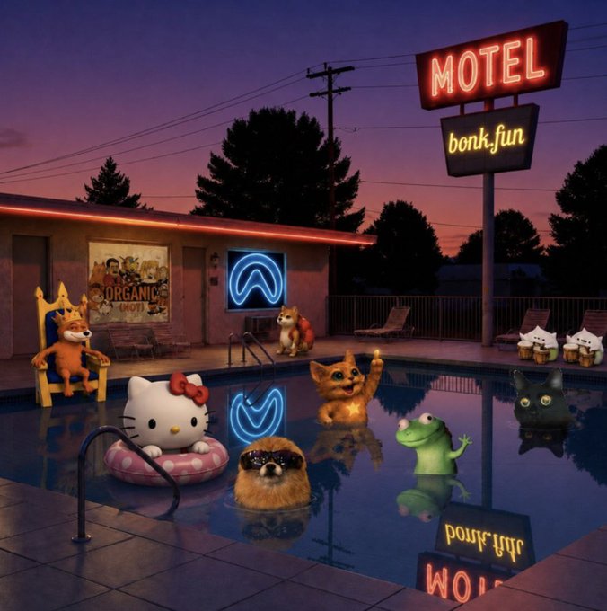 A whimsical nighttime scene at a motel pool featuring cartoon characters including Hello Kitty, a Shiba Inu, a frog, and other mascots relaxing in the water under a 'MOTEL bonk.fun' neon sign.