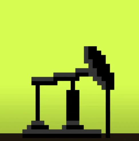 The image shows a pixel art silhouette of an oil pumpjack against a bright yellow-green background, symbolizing the petroleum theme tied to TheSaudisNFT collection. The dark, blocky depiction of the pumpjack reinforces the Saudi Arabian oil motif referenced in the post about minting the NFT.