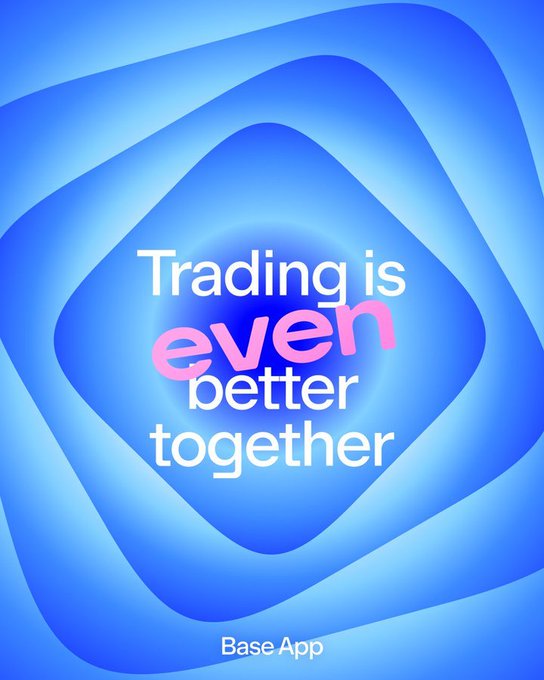 The image features a blue background with a quote written in pink text that reads "Trading is even better together" above a pink diamond shape. Below this quote, there's an app logo for Base App. The overall design of the image suggests a connection between the quote and the app, possibly indicating that the app focuses on simplicity, scalability, and accessibility to its users.