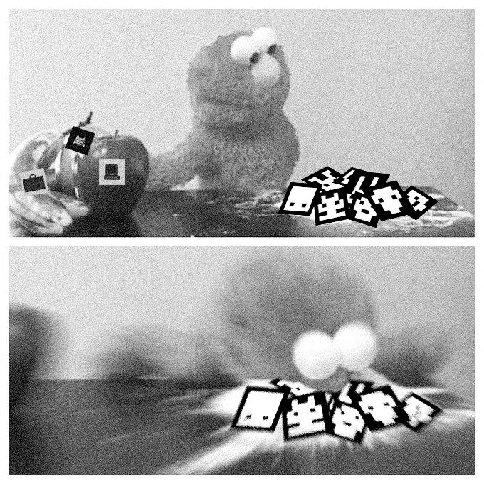 Two-panel black and white meme featuring Elmo with an Apple Watch, with Chinese text '一整个中' overlaid on the bottom panel in a blurry close-up.