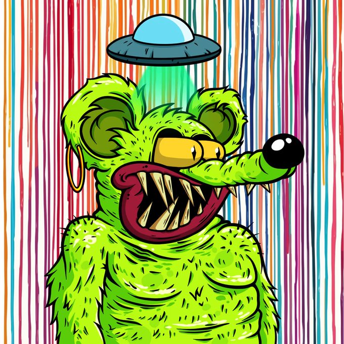 A stylized illustration of a green, fanged rat-like creature wearing a gold hoop earring and being beamed by a UFO with a green light, set against a colorful striped background.