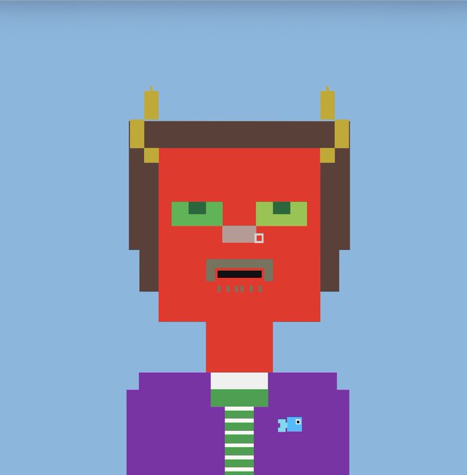 Pixel art depicting a red-skinned devil or demon character with small horns, green eyes, and a purple suit, with what appears to be drool dripping from its mouth against a blue background.