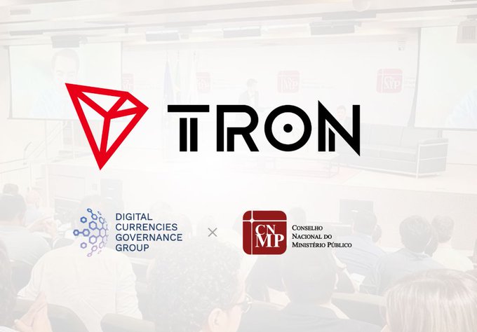 A promotional image featuring the TRON logo alongside the Digital Currencies Governance Group and the Conselho Nacional do Ministério Público (CNMP) logos, set against a backdrop of a panel discussion.