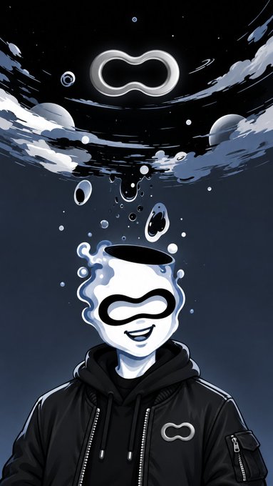 A stylized digital illustration of a person wearing a black hoodie with a masked face design, set against a dark cosmic background with swirling blue and white elements and an infinity symbol above.