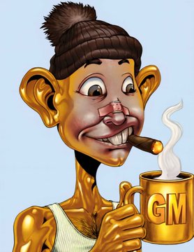 A caricature illustration of a smiling man with a pompadour hairstyle, holding a golden mug labeled 'GM' while smoking a cigar.