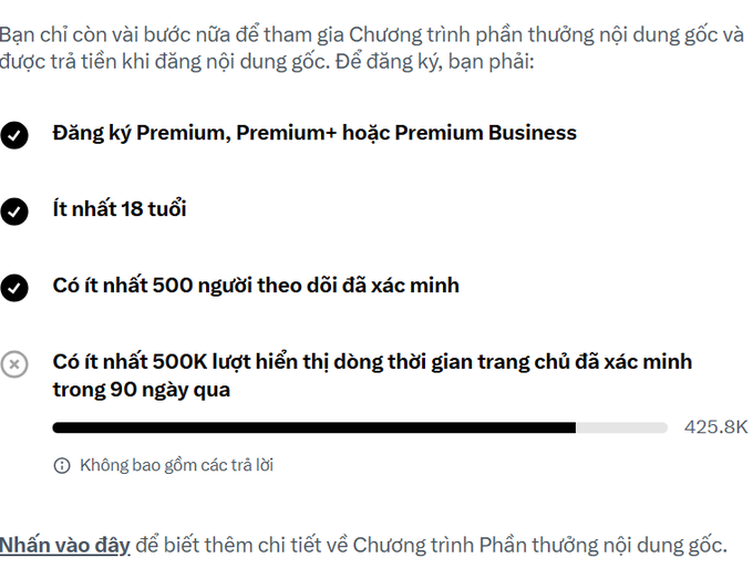 A Vietnamese-language Twitter/X requirements page showing checkmarks for Premium subscription, 18+ age, and 500+ followers, with an X mark indicating 500K impressions requirement is unmet at 425.8K.