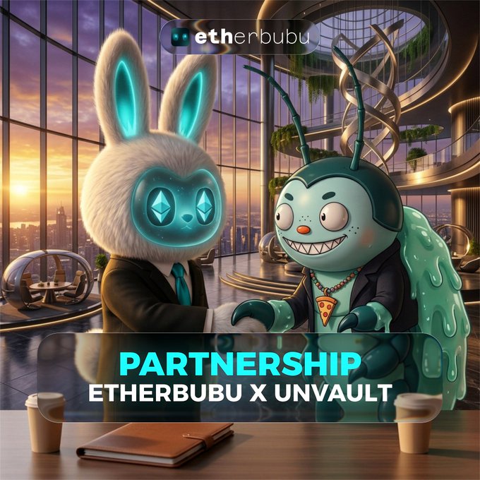 Two anthropomorphic characters—a cyan-eyed bunny in a suit and a green bug with a pizza necklace—shake hands across a sleek high-rise desk, with bold text reading "PARTNERSHIP ETHERBUBU X UNVAULT" and the "etherbubu" logo above. The image visually represents the announced collaboration between Etherbubu and Unvault, whose omnichain NFT marketplace and Genesis Bugz NFT collection align with the bug mascot depicted.
