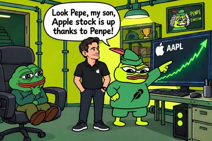 A cartoon shows a man in an Apple shirt telling Pepe, "Look Pepe, my son, Apple stock is up thanks to Penpe," while a green Penpe character excitedly points at a monitor displaying "AAPL" with an upward green arrow, alongside a "PENPE EINSTEIN" poster on the wall—visually tying the $PENPE token to Apple stock gains as referenced in the bullish post about the meme coin's active community of 1300 holders.