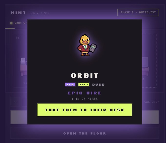 A pixel art game screen showing a character named 'ORBIT' (EPIC LVL 1 DUCK) with 'EPIC HIRE' and '1 IN 25 HIRES', featuring a yellow button reading 'TAKE THEM TO THEIR DESK' on a 'HINT PHASE 2 - WHITELIST' page.