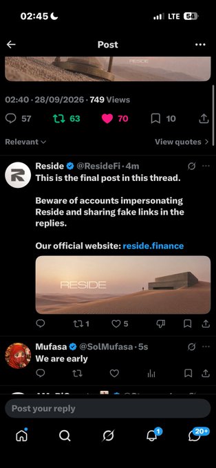 A mobile screenshot of a Twitter/X post from Reside (@ResideFi) warns about fake accounts impersonating the project and directs users to their official website reside.finance.