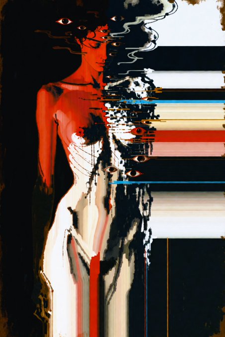 A stylized digital artwork of a woman in a white dress with surreal elements including multiple floating eyes, smoke, and horizontal color bars creating a glitch-like effect.