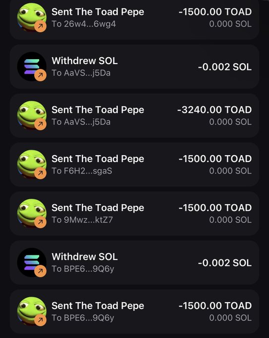 A transaction history showing multiple "Sent The Toad Pepe" transfers of -1500.00 TOAD to various addresses (26w4...6wg4, AaVS...j5Da, F6H2...sgaS, 9Mwz...ktZ7, BPE6...9Q6y), along with -3240.00 TOAD and small SOL withdrawal fees, illustrating the post's claim of distributing $TOAD tokens to subscribers.