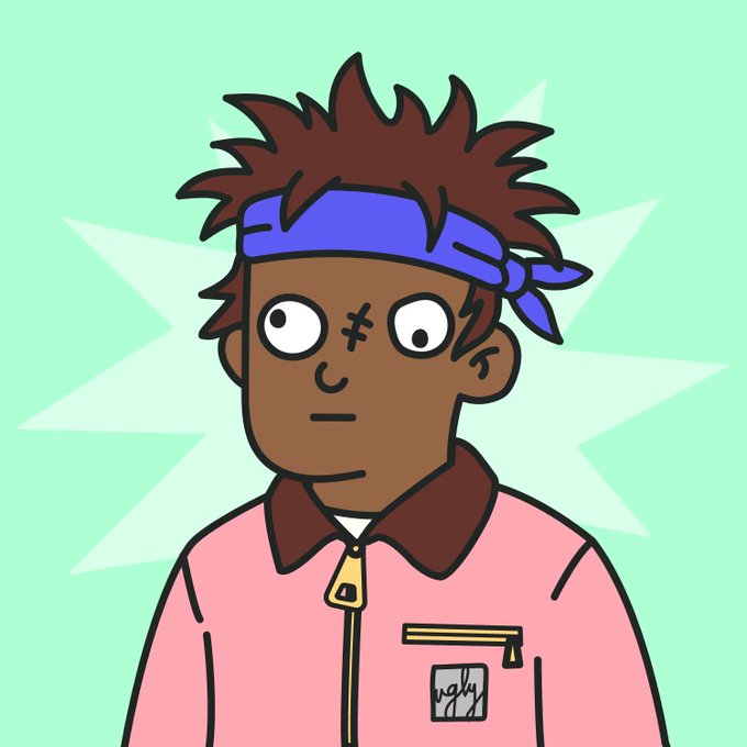 A cartoon illustration features a character with brown spiky hair wearing a blue headband, a pink zip-up jacket, and a small cross mark under one eye, set against a light green background with a star design.