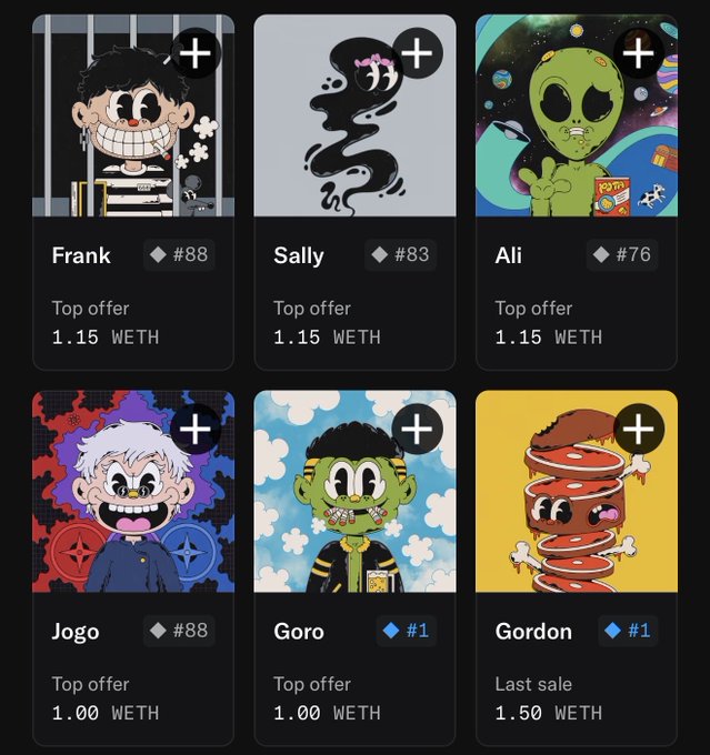 A grid of six NFT character cards from the "wacky_ville" collection—Frank, Sally, Ali, Jogo, Goro, and Gordon—displayed with their top offers ranging from 1.00 to 1.15 WETH, with Gordon showing a last sale of 1.50 WETH. The image visually supports the post's claim about strong offers being placed on rare "grail" items during the reveal dip, highlighting the market activity around these high-value pieces.