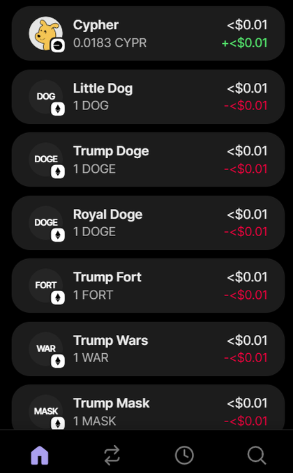 A mobile cryptocurrency app interface showing meme coin holdings with extremely low values, listing Cypher (0.0183 CYPR), Little Dog, Trump Doge, Royal Doge, Trump Fort, Trump Wars, and Trump Mask, each valued at less than $0.01.