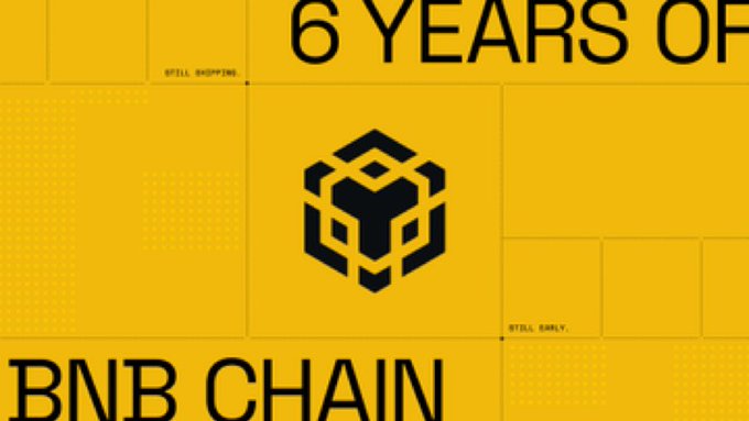 A yellow promotional graphic featuring the BNB Chain logo in the center, with bold black text reading '6 YEARS OF' at the top and 'BNB CHAIN' at the bottom.