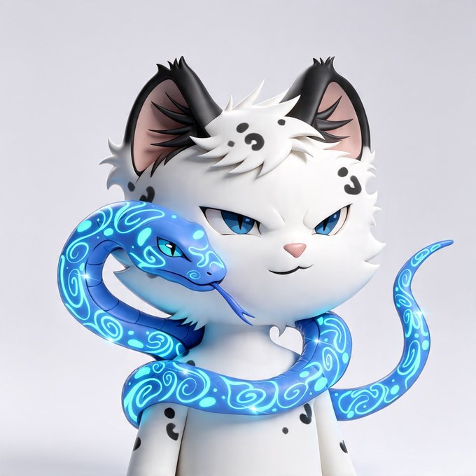 A 3D-rendered character of a white, spotted feline creature with striking blue eyes is entwined with a glowing blue, patterned serpent.