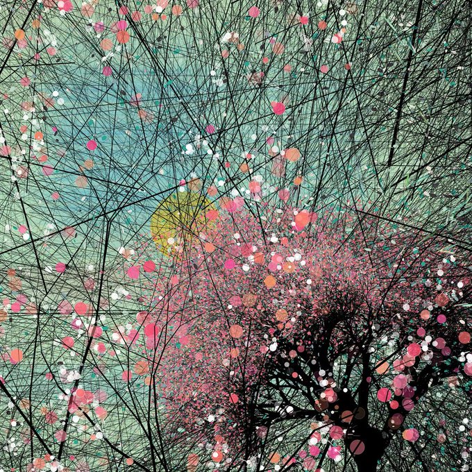 A colorful abstract digital artwork features a dense network of black lines resembling tree branches, scattered with pink, white, and orange dots over a teal background.