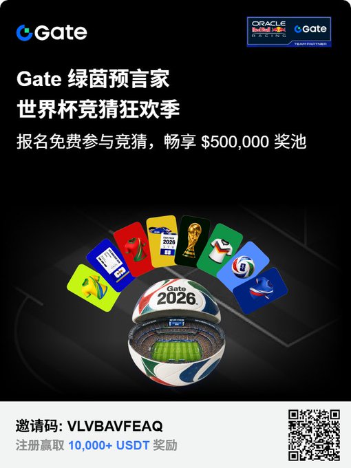 A promotional poster for 'Gate 绿茵预言家 世界杯竞猜狂欢季' (Gate World Cup Prediction Carnival), featuring Oracle Red Bull Racing branding, a soccer ball labeled 'Gate 2026', and an invitation code 'VLVBAVFEAQ' offering a $500,000 prize pool and 10,000+ USDT registration reward.