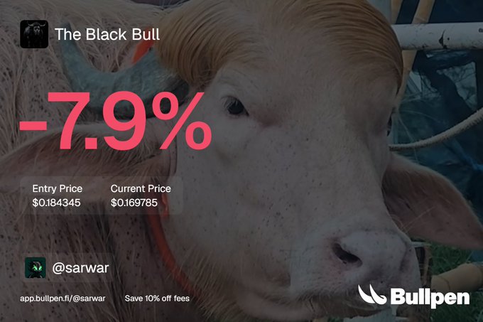 A 'Black Bull' trading graphic from Bullpen showing a -7.9% return, with an entry price of $0.184345 and current price of $0.169785, displayed over an image of a bull.