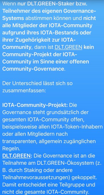 A blue graphic with German text explains the difference between an IOTA-Community project and DLT.GREEN, noting that DLT.GREEN's governance is tied to staking or ecosystem participation rather than being open to all IOTA community members.