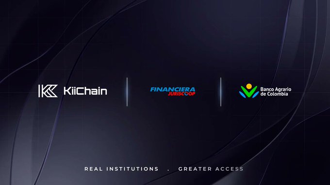A dark promotional graphic featuring three logos: 'KiiChain', 'FINANCIERA JURISCOOP', and 'Banco Agrario de Colombia', with the tagline 'REAL INSTITUTIONS · GREATER ACCESS'.