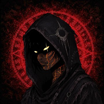 A dark fantasy-style illustration shows a hooded figure with glowing yellow eyes and golden facial markings, with a red occult sigil glowing in the background.