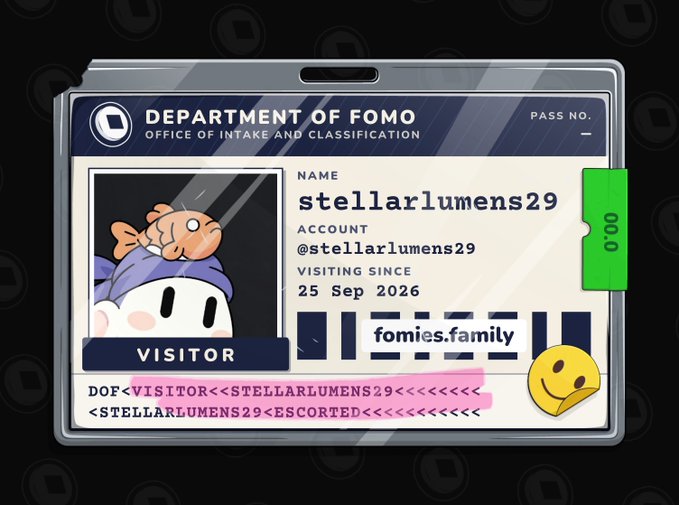 A digital ID card from the 'Department of Fomo' for visitor 'stellarlumens29' on the website 'fomies.family', marked 'VISITOR' and 'ESCORTED'.