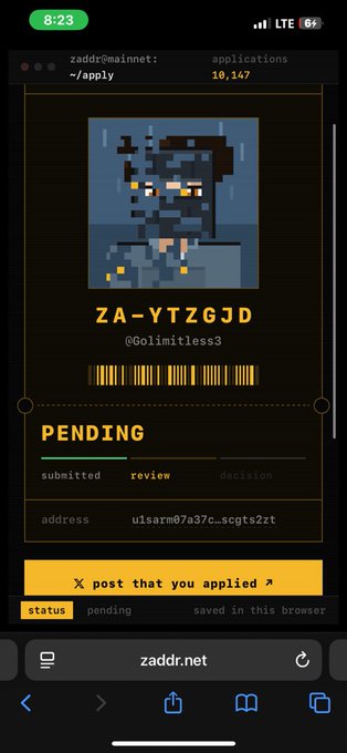 A mobile browser screenshot of zaddr.net displays a pending application for user @0olimitle$$3 with the wallet address 'u1sarm07a37c..scqts2zt', featuring a pixel art character and an orange 'post that you applied' button.