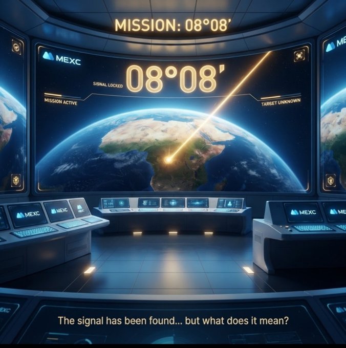 A futuristic mission control room displaying "MISSION: 08°08'" with "SIGNAL LOCKED" and "TARGET UNKNOWN" indicators over a view of Earth, branded with the MEXC logo and the caption "The signal has been found... but what does it mean?"