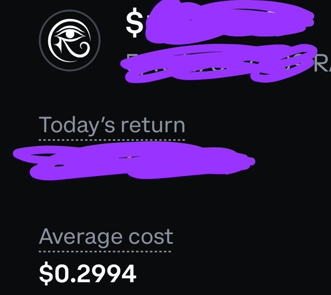 A dark-themed mobile app screen showing 'Today's return' with values obscured by purple scribbles, while 'Average cost' shows '$0.2994'.